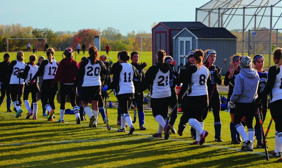 The Antioch Sequoits varsity field hockey team shaking hands with the Highland Park Giants after defeating them with a score of 4 to 0.
Photo by Marina Palmieri.