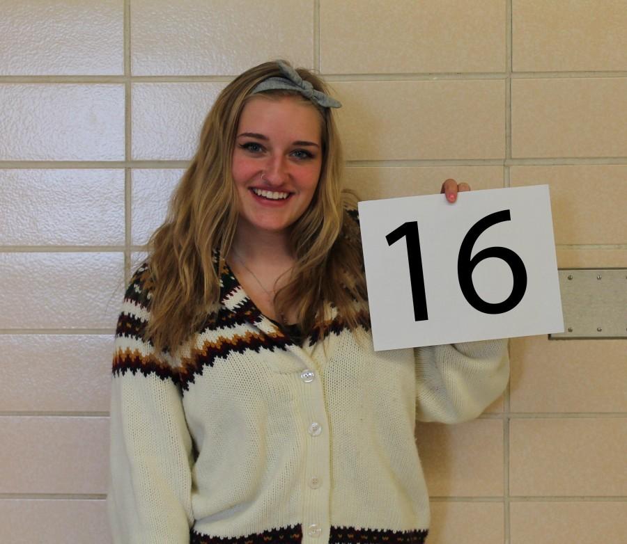 Senior Hannah Tortorella represents the letter K sporting her knit sweater for the senior countdown. This reminds seniors they only have 16 days left until the last day of school. 