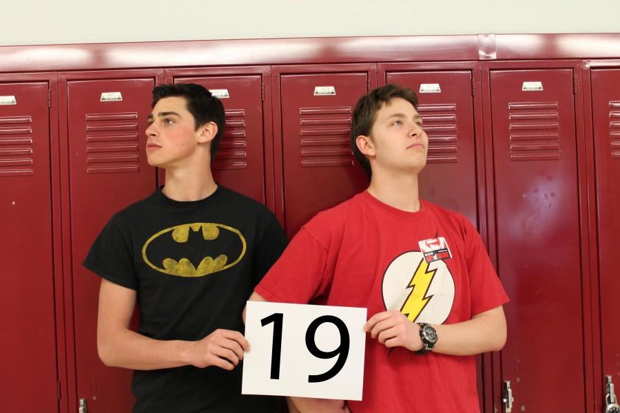 Seniors+Jeff+Wilson+and+Wesley+Skym+represent+the+letter+H+wearing+their+Batman+and+Flash+T-shirts+for+hero+day+in+the+senior+countdown.+This+reminds+seniors+they+only+have+19+days+left+until+the+last+day+of+school.+