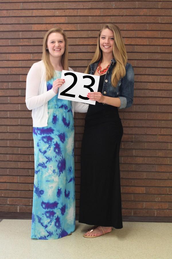 Seniors+Louisa+Schweigal+and+Monica+Supple+represent+the+letter+D+wearing+their+most+dapper+dresses+for+the+senior+countdown.+This+reminds+seniors+they+only+have+23+days+left+until+graduation.