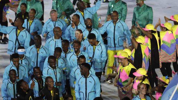 The athletes from The Bahamas show their national pride at the Olympic Opening Ceremony on August 5, 2016. 