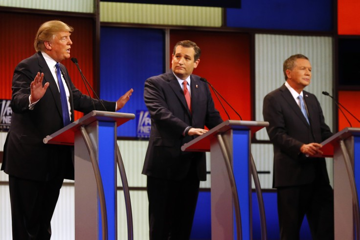 Donald Trump (left), Ted Cruz (middle) and John Kasich (right) at the GOP debate in Detroit, MI on March 3, 2016. Donald Trump won the GOP primary by 11.6 percent and took away a total of 25 delegates while Cruz and Kasich each won 17. 