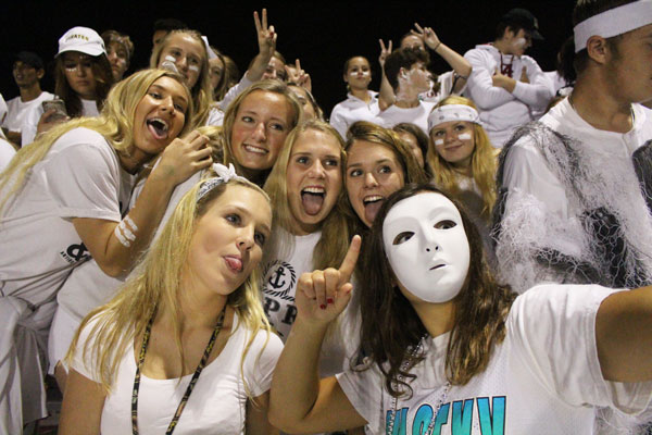 Senior Ashley Reiser takes a selfie with her fellow seniors Erika Gallimore, Abby Johnson, Megan Kelly, Rebecca Cleven, and Carlie Gaylord at the Grayslake Central game. The Sequoits took the win 49-14 and the stands went crazy. 
Caption by Noor Abdeliatif