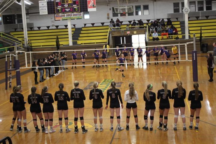 The+girls+volleyball+team+stands+for+the+introductions+of+both+teams+before+their+match+at+Waukegan.