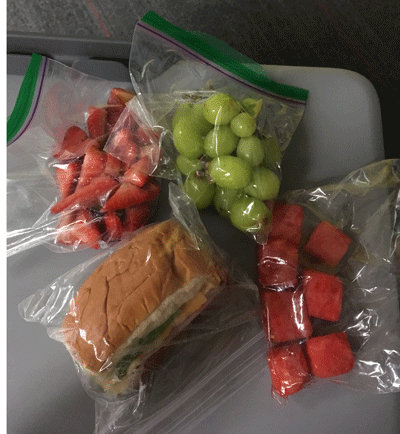 Assorted fruits, vegetables and sandwiches are just a few of the many healthy options one can use on a road trip.
