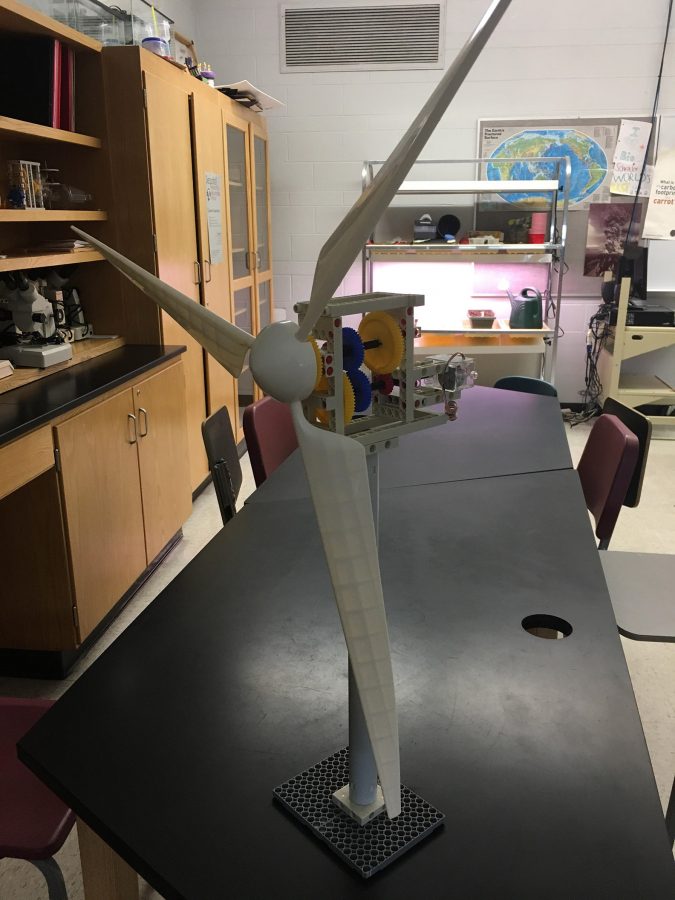 A model wind turbine made partly from Legos by a previous student of science teacher Tony Losinger. 