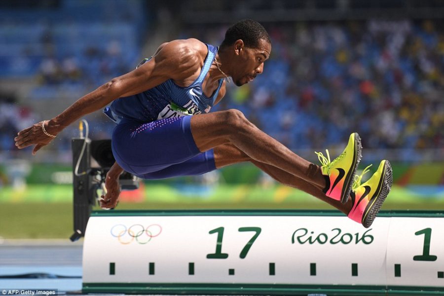 USAs Christian Taylor jumps for the gold medal in triple jump at the Rio Olympics.