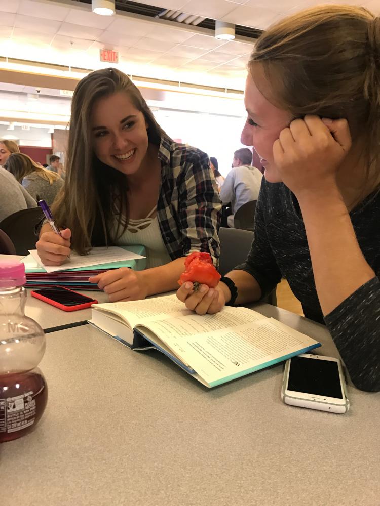 Abby Pyburn, wearing a flannel as she studies in the schools commons. 