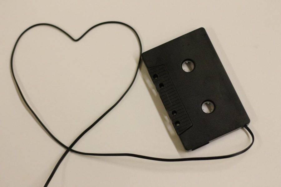An old tape with a cord in the shape of a heart.