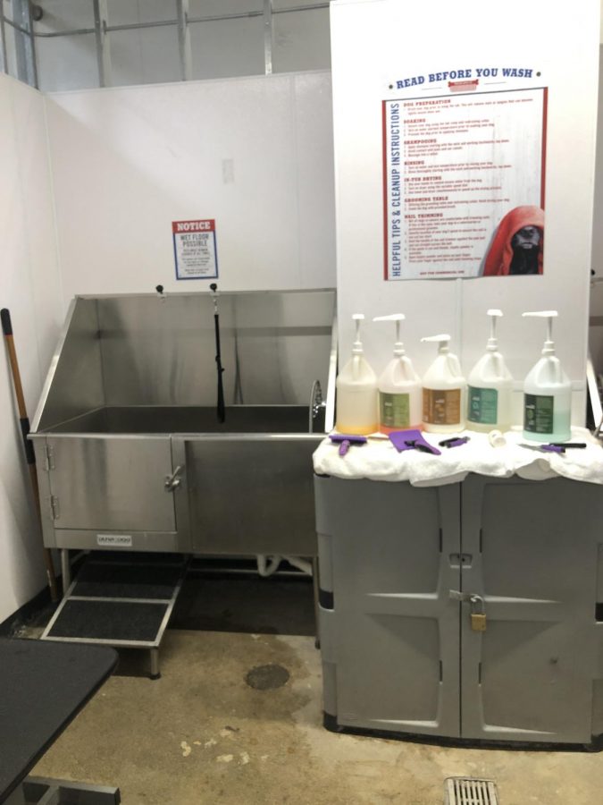 The pet washing station in Tractor Supply co. features two stations to wash pets. It supplies customers with soap, conditioner and a dryer.