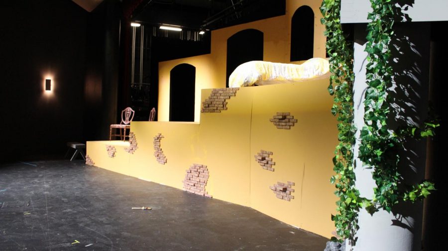 This set was created by students in the theatre program to be used for the play. The actors were able to utilize the set in many ways to demonstrate different settings. For example, one section of the set was Juliet’s bedroom, while another portion was used as the balcony. 