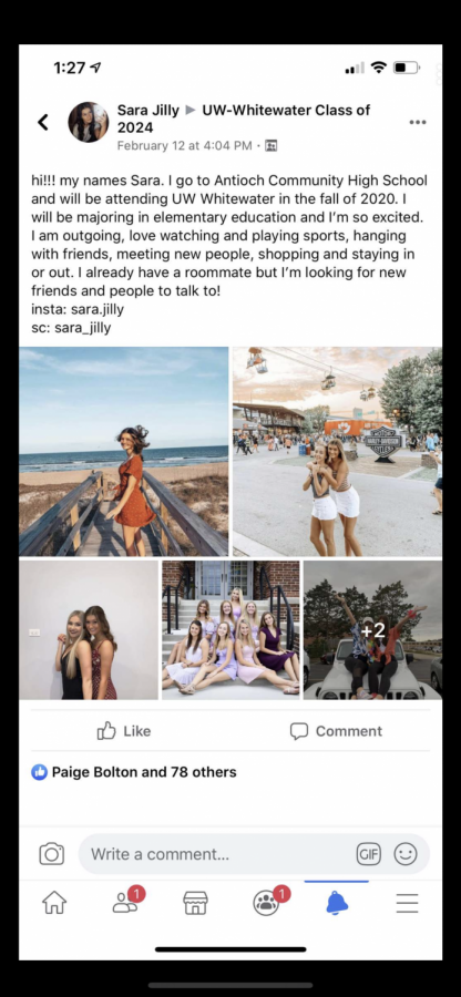 Senior Sara Jilly posts in her college Facebook page to find new friends and a potential roommate.