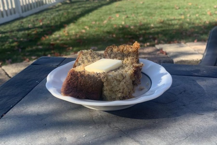 The final product of how the banana bread should turn out. It is a delicious treat during fall or any time of the year.