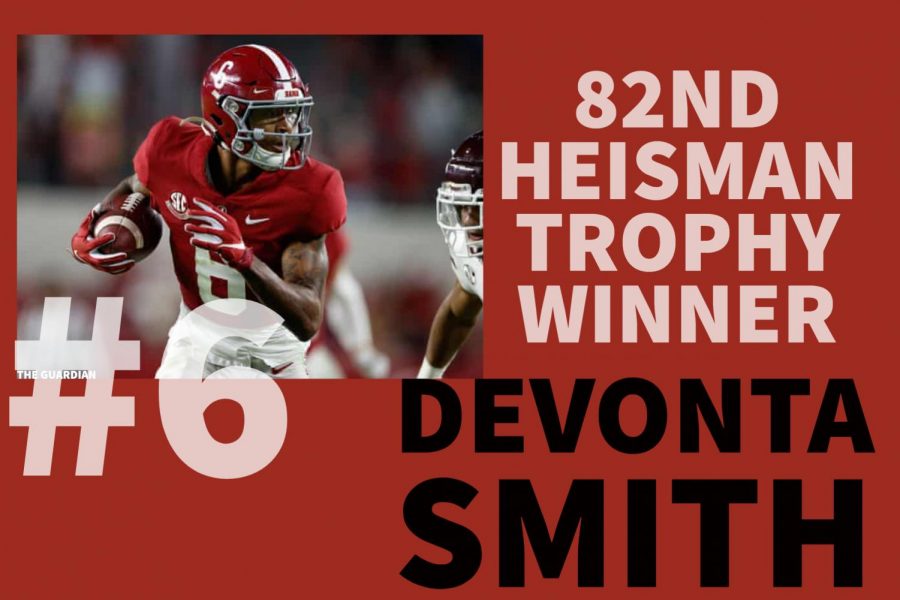 Alabama+Crimson+Tide+junior+wide+receiver+DeVonta+Smith+was+awarded+the+82nd+Heisman+Trophy+on+Tuesday%2C+Jan.+5%2C+2021.+Smith+was+the+first+wide+receiver+to+win+the+trophy+since+1991.+