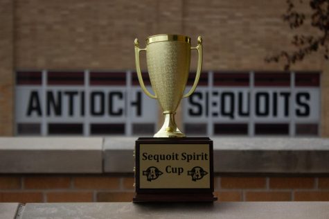 The Sequoit Spirit Cup sits with empty plaques on the sides, waiting to see what class will be the first to be commemorated for their spirit with the new ACHS tradition.