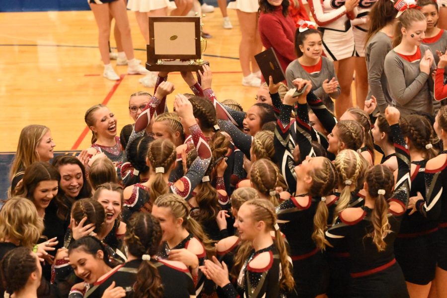 The Antioch Cheerleading program celebrating their victory at Conference.