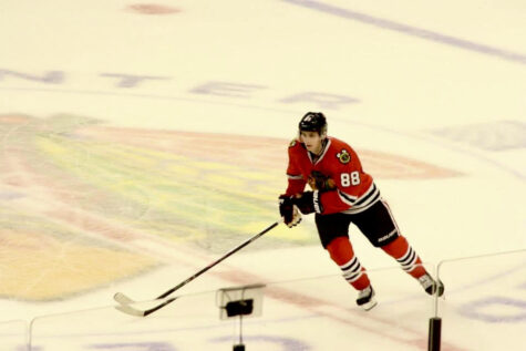 Patrick Kane playing for the Blackhawks before being traded to the New York Rangers.