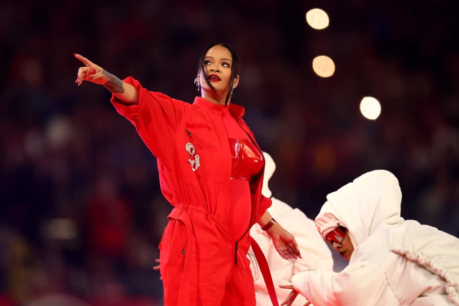 Rihanna performing at the Super Bowl halftime show