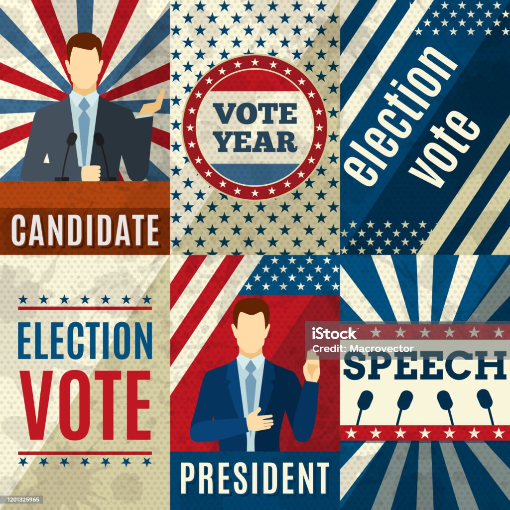 Vintage politics mini posters set with election candidates figures isolated vector illustration.
