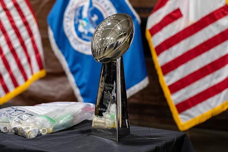 Counterfeit jerseys, Super Bowl Rings, Hats and various other items that are Intellectual Property Right Violations on display for the media at Super Bowl LVI on Feb. 4, 2022 in Los Angeles.