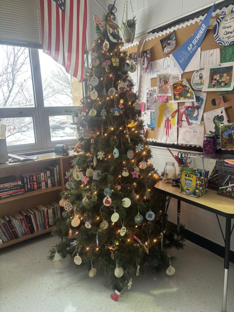 English teacher Lindsay Edwardson's holiday tree for her classroom.
